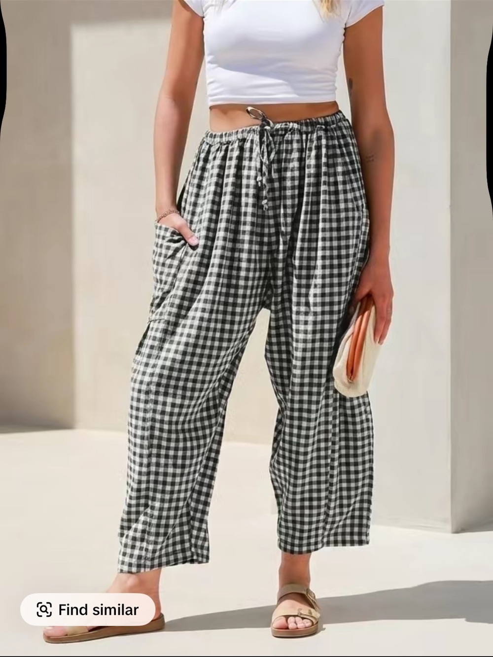 Wide Leg Gingham Drawstring Pants - Black & White